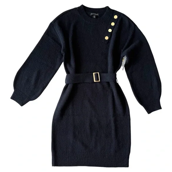 SAKS FIFTH AVENUE Belted Midi Knit Sweater Dress, Black, Size M, NWT - Picture 1 of 5